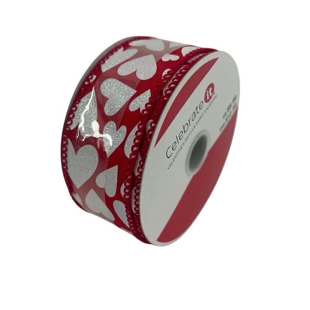 Celebrate It Valentine’s Day Red White Glitter Hearts Wired Ribbon 1.5” Wide